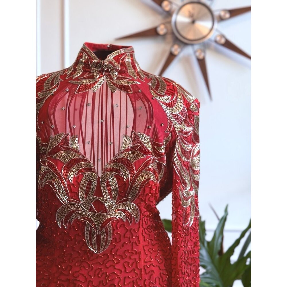 Vintage Beaded Red Evening Dress |  Hollywood Glamour Dress | Red Beaded Dress - Picture 3 of 13